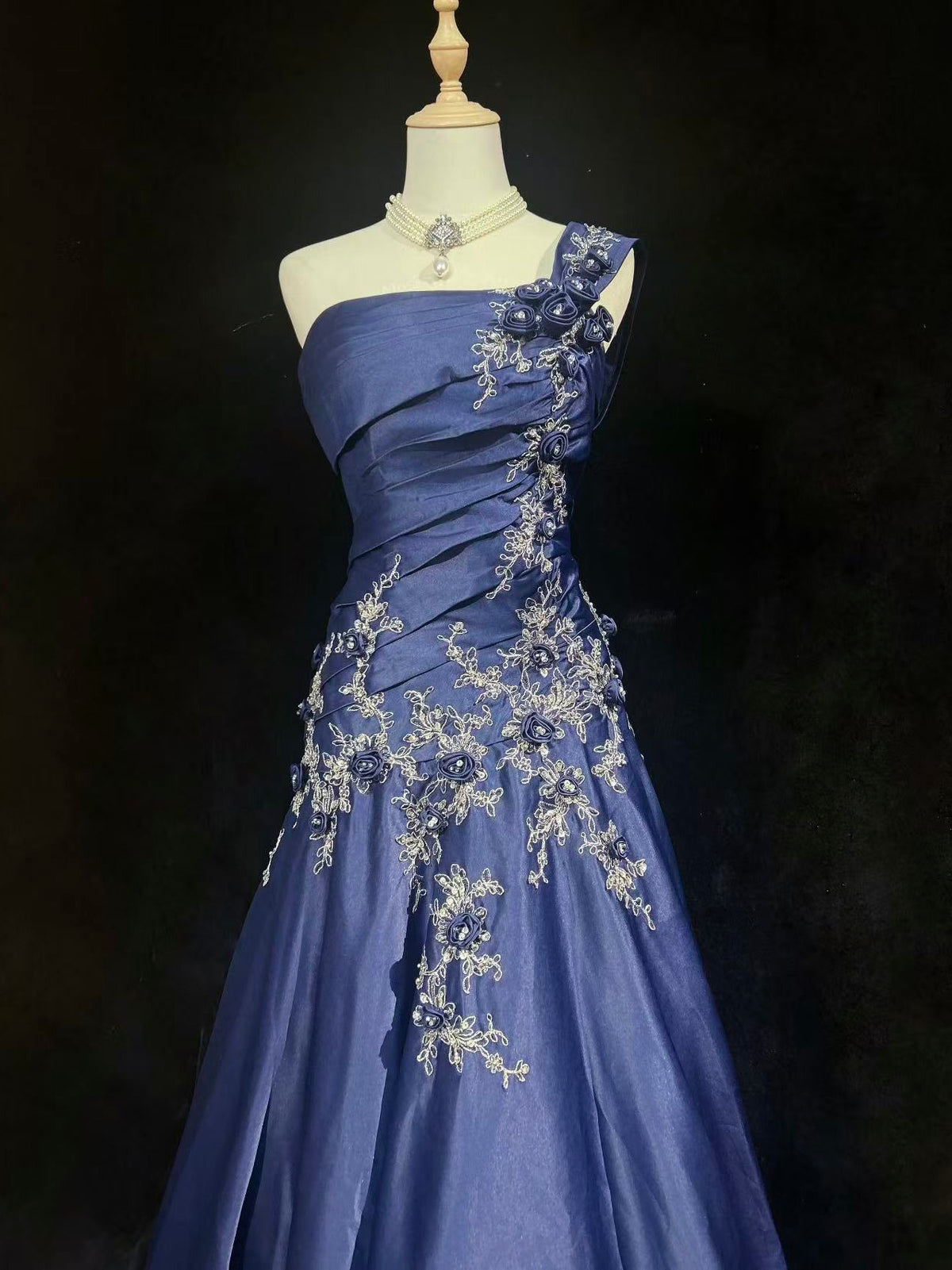 A-line One Shoulder Satin Lace Applique Dark Blue Long Prom Dress