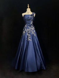 A-line One Shoulder Satin Lace Applique Dark Blue Long Prom Dress