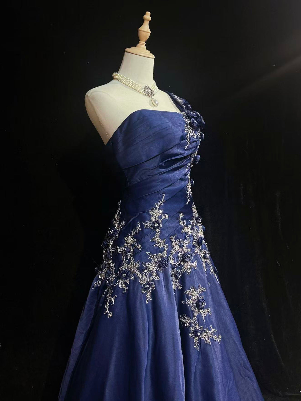 A-line One Shoulder Satin Lace Applique Dark Blue Long Prom Dress