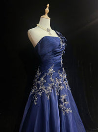 A-line One Shoulder Satin Lace Applique Dark Blue Long Prom Dress