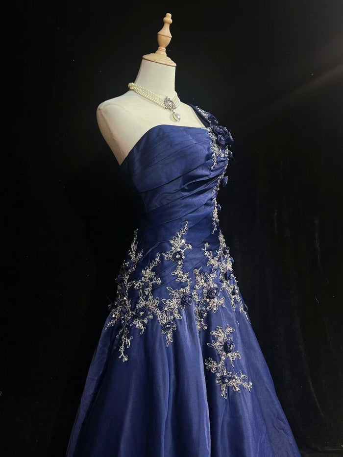 A-line One Shoulder Satin Lace Applique Dark Blue Long Prom Dress