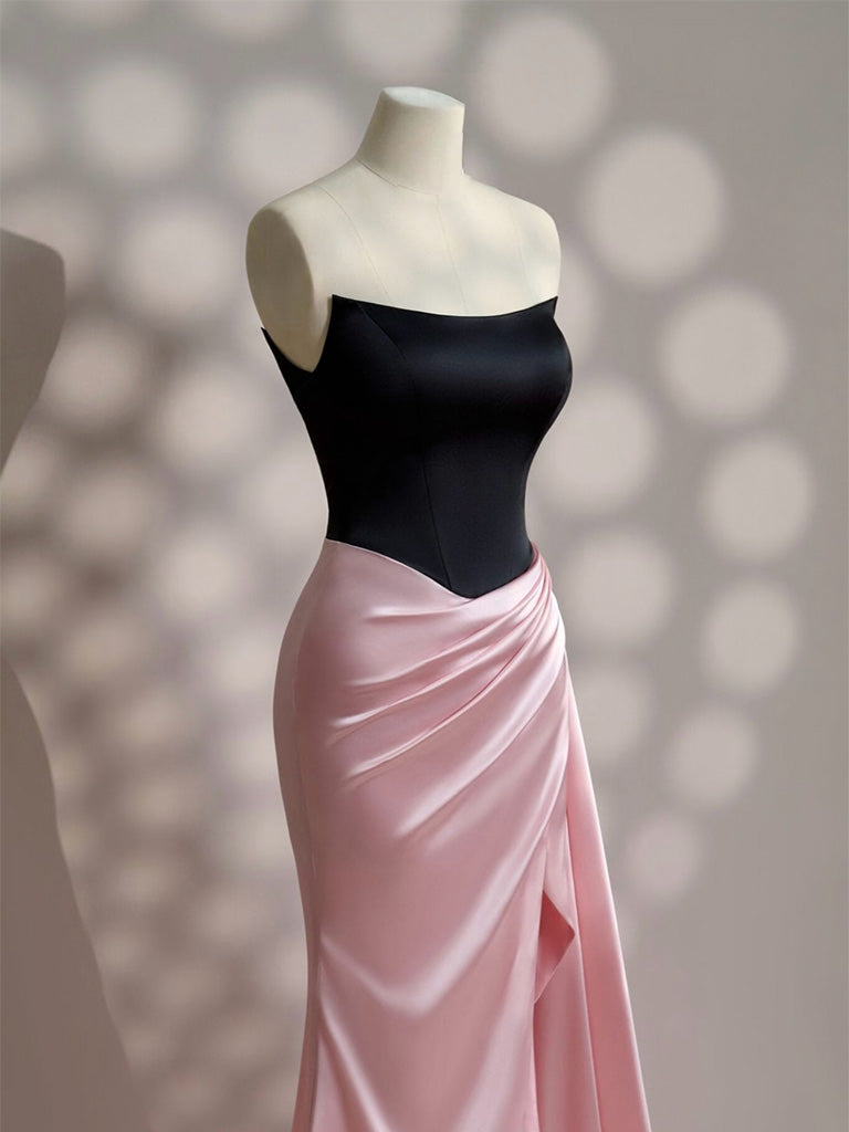 Simple Slit Pleated Mermaid Satin Sweep Train Pink Long Prom Dress