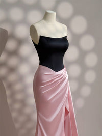 Simple Slit Pleated Mermaid Satin Sweep Train Pink Long Prom Dress