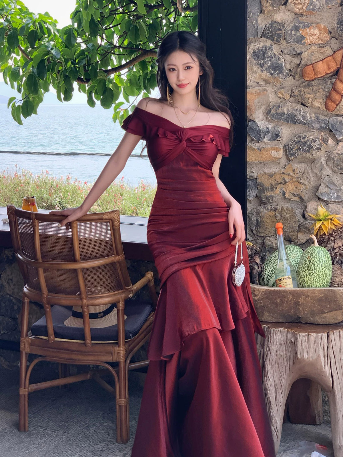 Mermaid Off Shoulder Silk Burgundy Long Prom Dress, Burgundy Party Dre – toptby