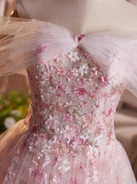 A-line Off Shoulder Tulle Lace Pink Long Prom Dress, Pink Long Evening Dress