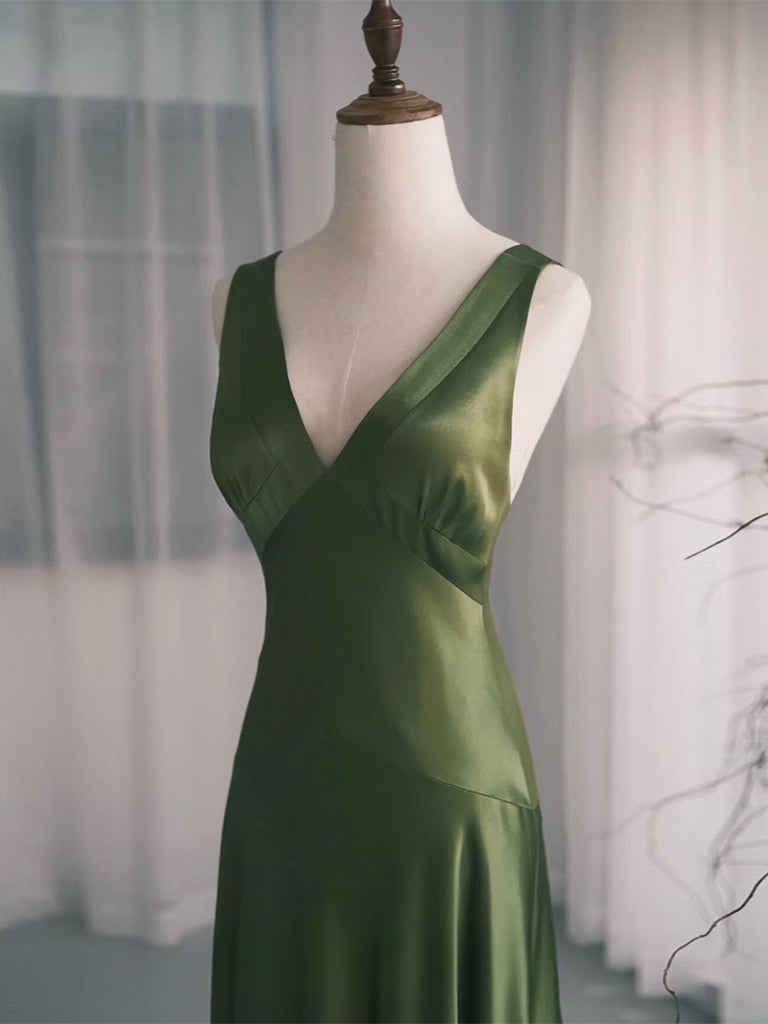 Simple V Neck Satin Green Long Prom Dress, Green Long Formal Dress