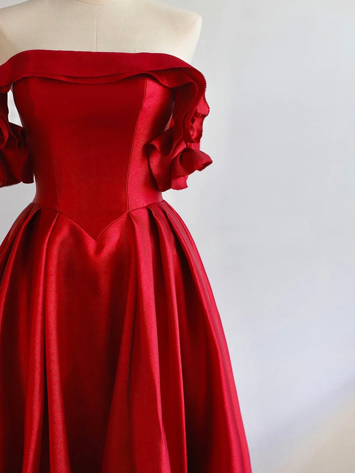 A-Line Off Shoulder Satin Red Long Prom Dress, Red Long Formal Dress