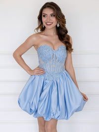 Cute Sweetheart Neck Satin Lace Blue Homecoming Dress