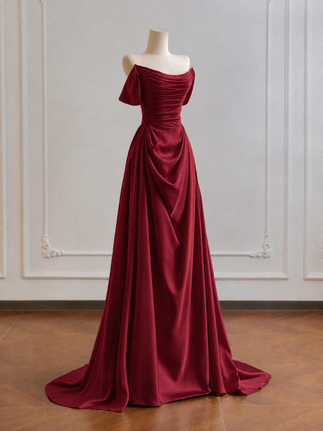 A-line Off Shoulder Satin Burgundy Long Prom Dress