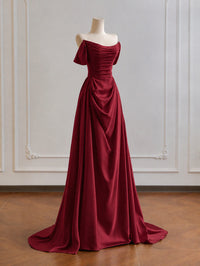 A-line Off Shoulder Satin Burgundy Long Prom Dress