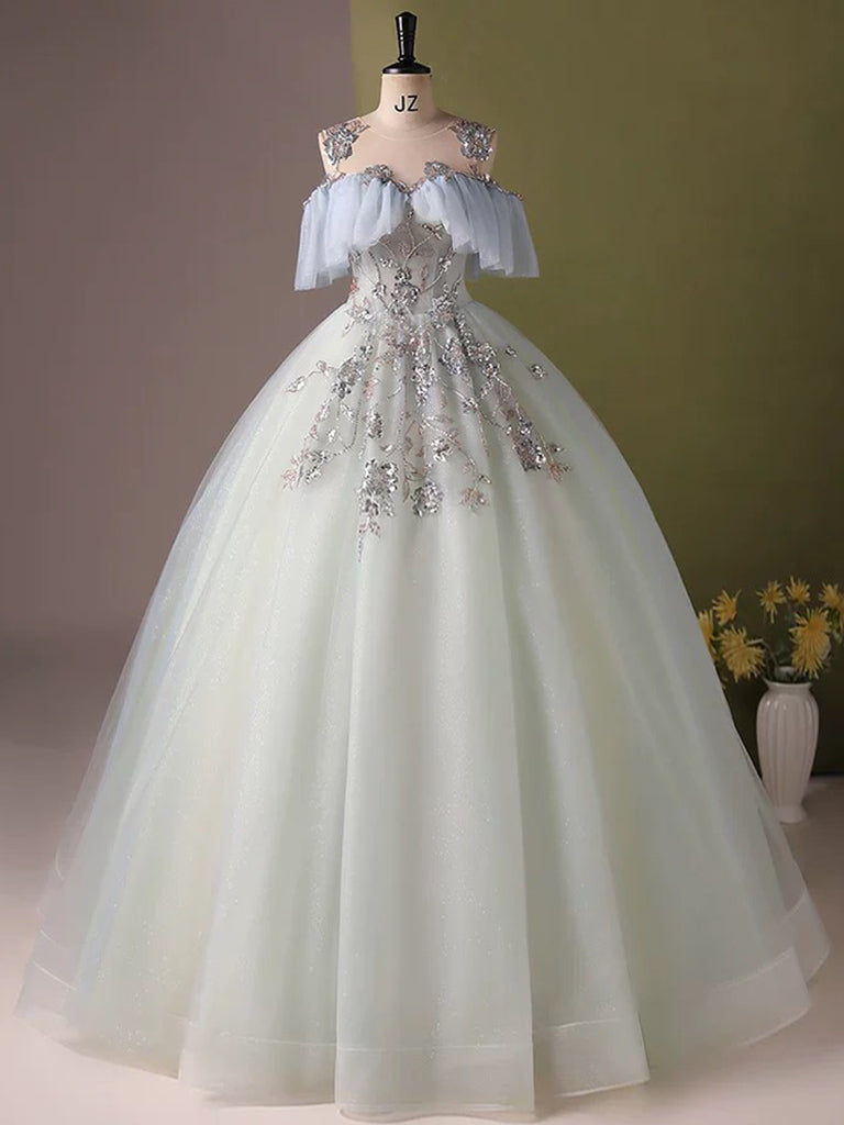 A-Line Off Shoulder Tulle Sequin Light Blue Long Prom Dress