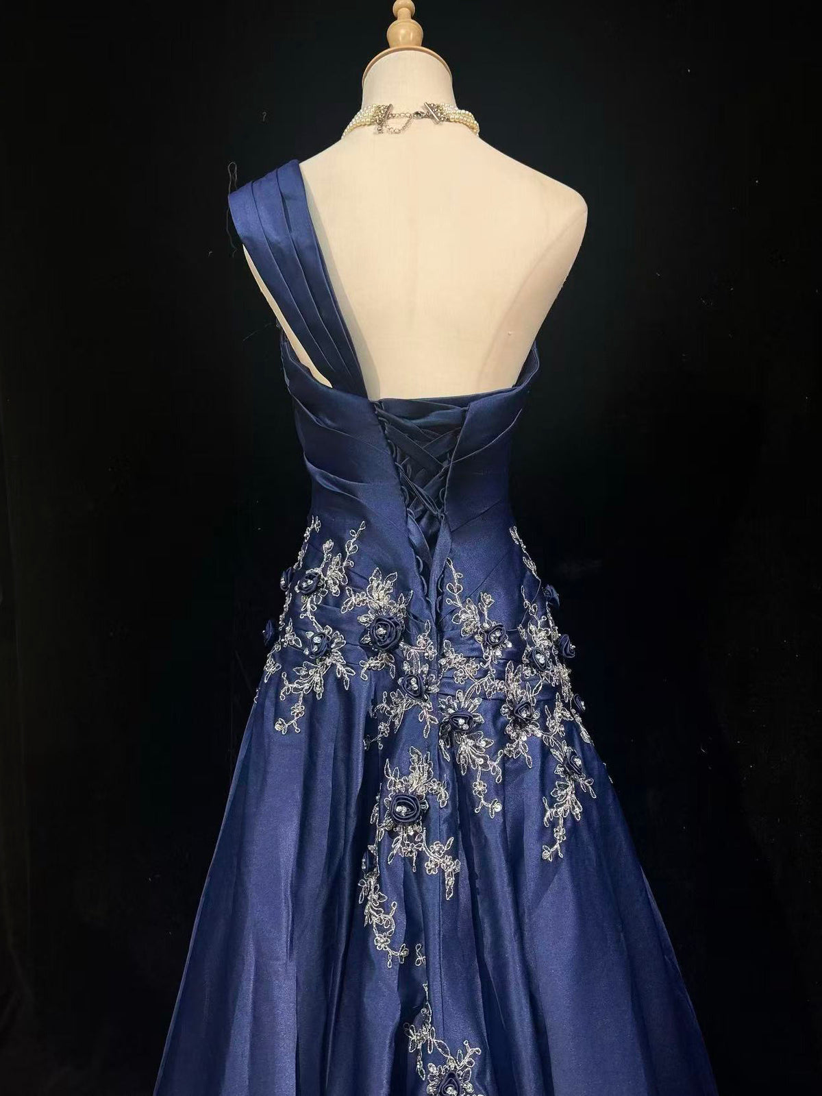 A-line One Shoulder Satin Lace Applique Dark Blue Long Prom Dress