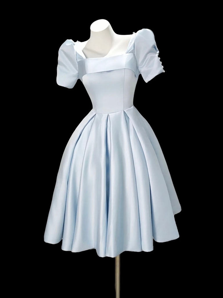 A-line Short Sleeves Satin Blue Short Prom Dress With Beads