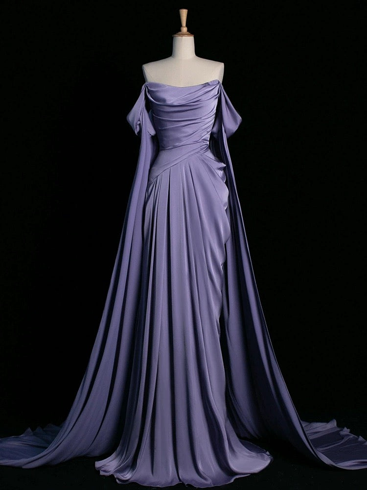 A-Line Off Shoulder Satin Purple Long Prom Dress, Purple Long Formal Dress