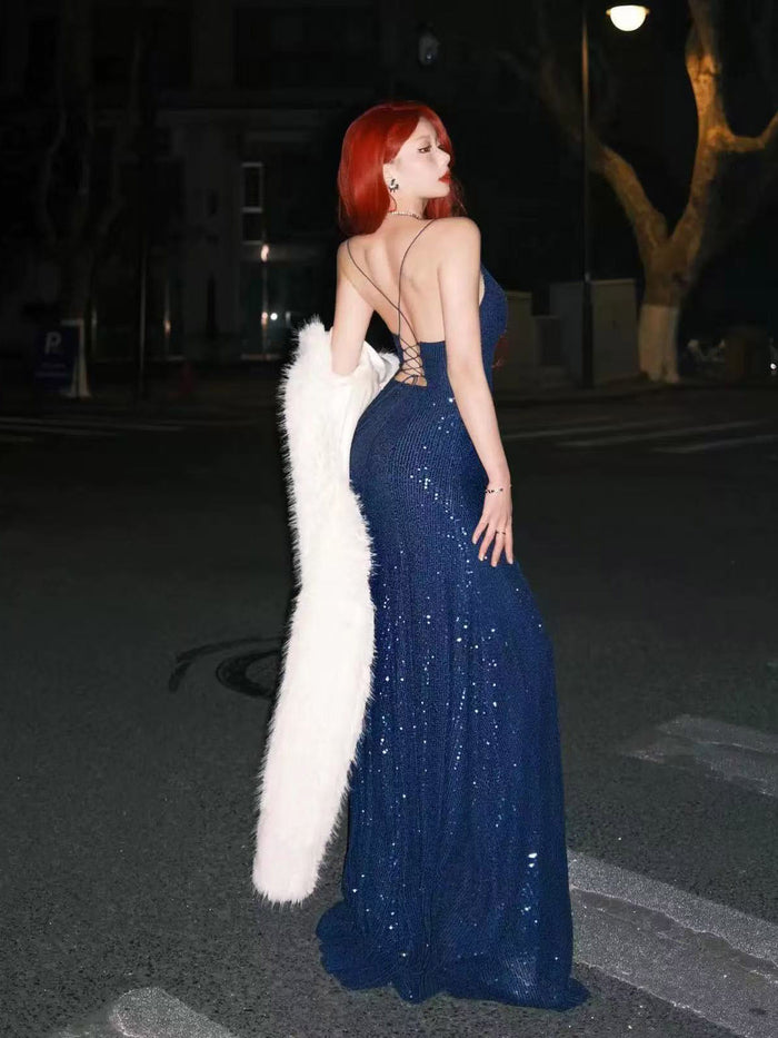 Mermaid V Neck Floor Length Sequin Dark Blue Prom Dress