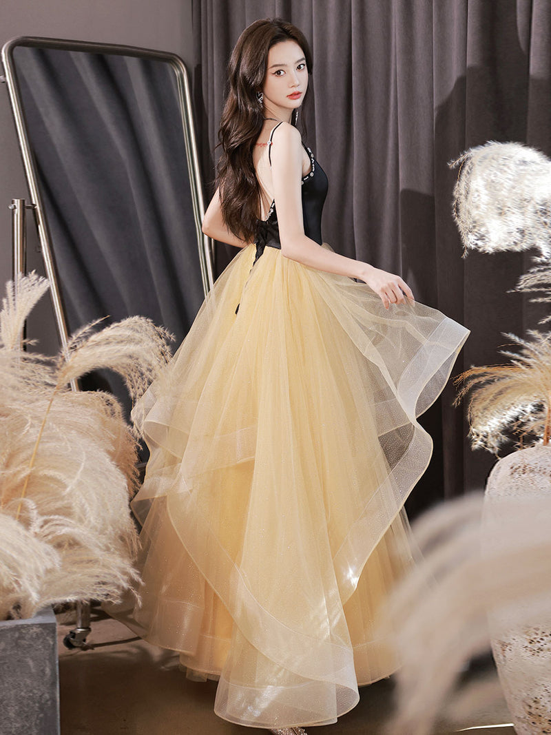 A-Line V Neck Tulle Champagne Long Prom Dress, Tulle Formal Evening Dress