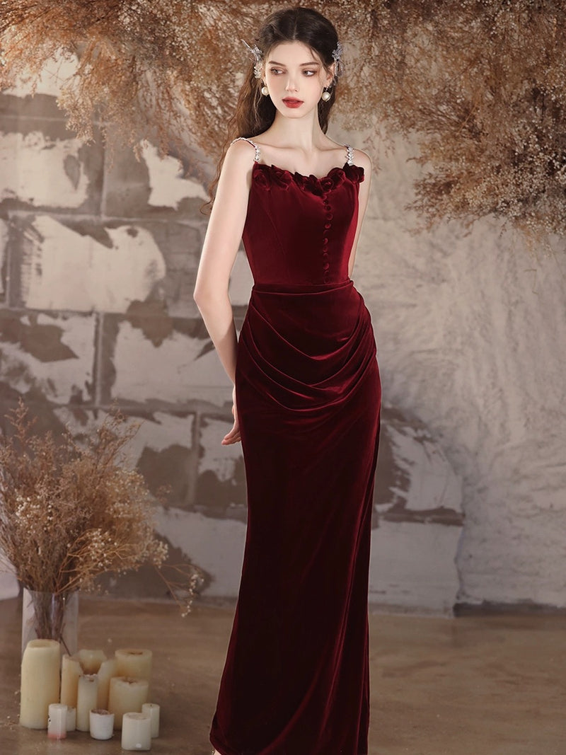 Burgundy Velvet Mermaid Long Prom Dress, Velvet Burgundy Long Formal Dress