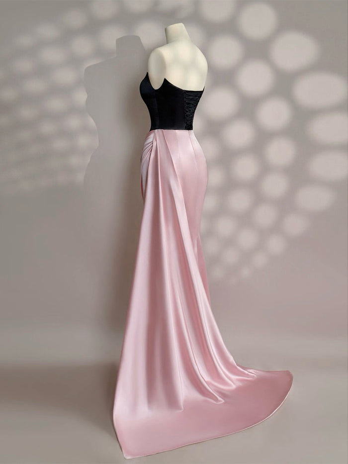 Simple Slit Pleated Mermaid Satin Sweep Train Pink Long Prom Dress