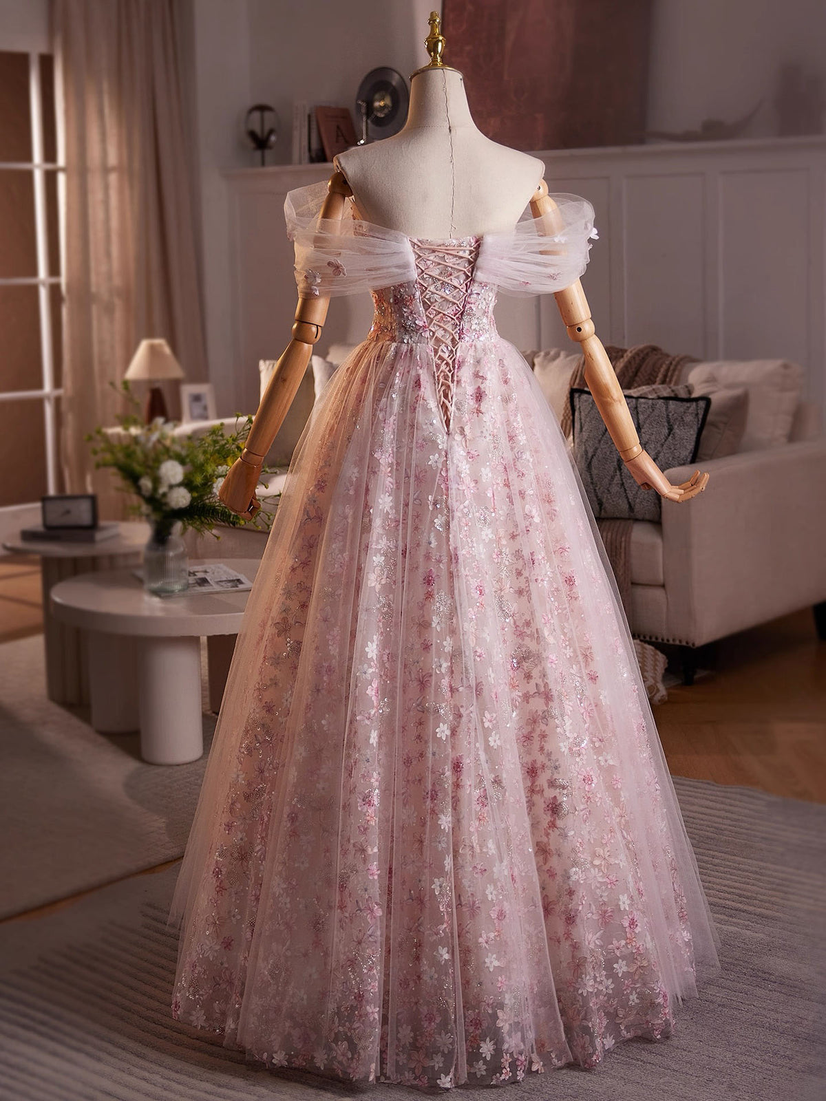 A-line Off Shoulder Tulle Lace Pink Long Prom Dress, Pink Long Evening Dress
