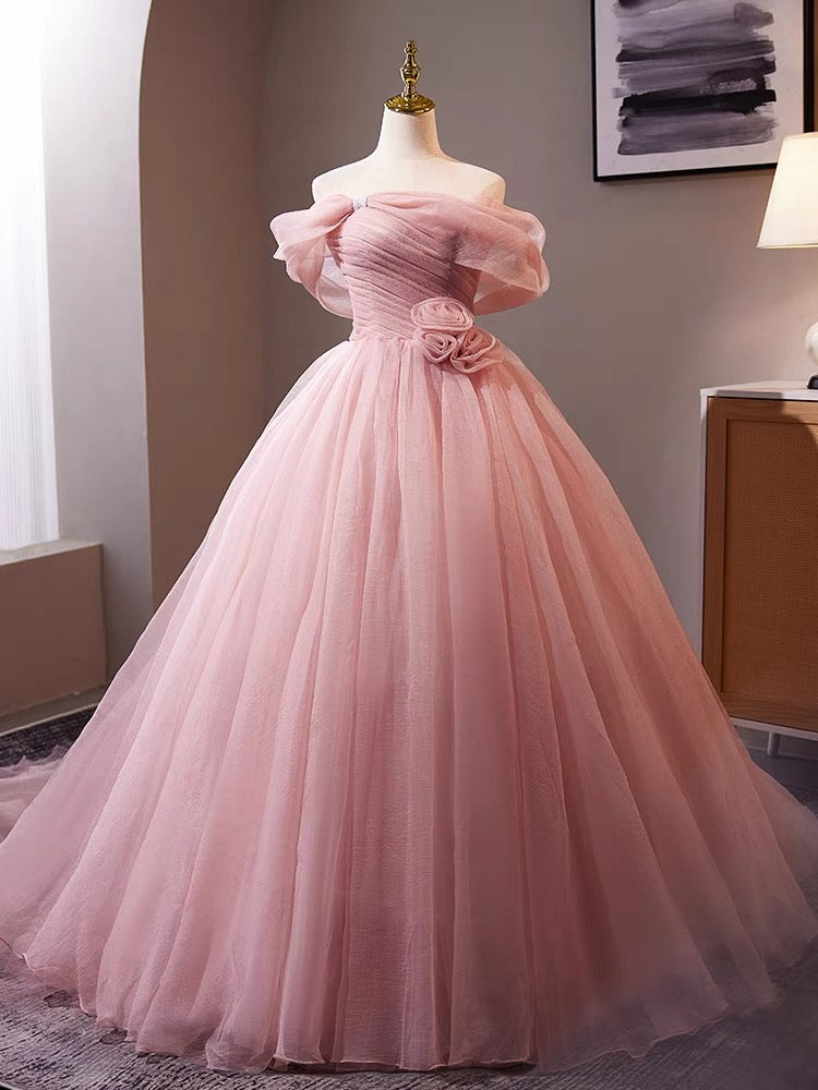 A-Line Off Shoulder Tulle Pink Long Prom Dress, Pink Long Formal Dress