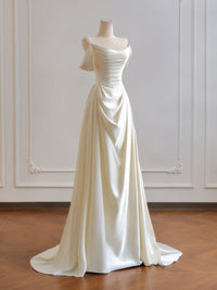 A-Line Satin Light Champagne Long Prom Dress, Off Shoulder Long Formal Dress