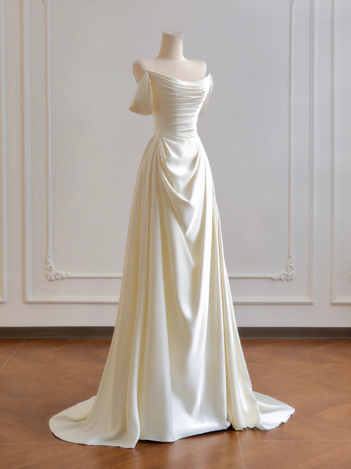 A-Line Satin Light Champagne Long Prom Dress, Off Shoulder Long Formal Dress