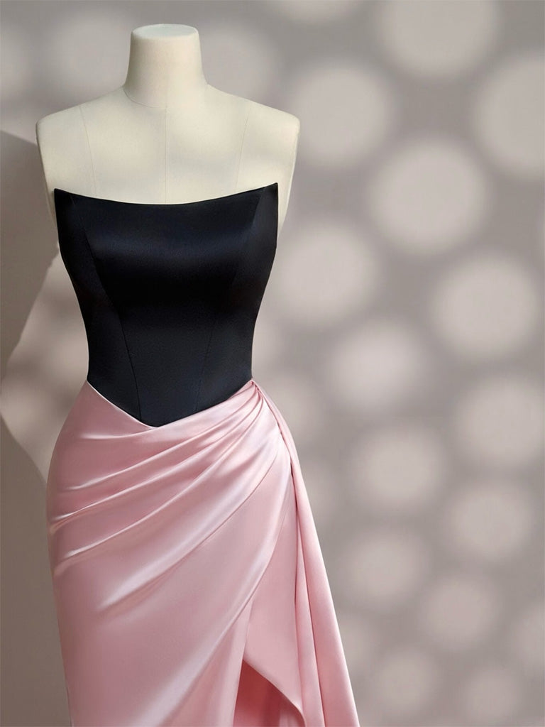 Simple Slit Pleated Mermaid Satin Sweep Train Pink Long Prom Dress