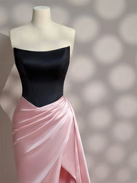 Simple Slit Pleated Mermaid Satin Sweep Train Pink Long Prom Dress