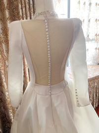 A-Line Long Sleeves Satin Sweep Train White Prom Dress