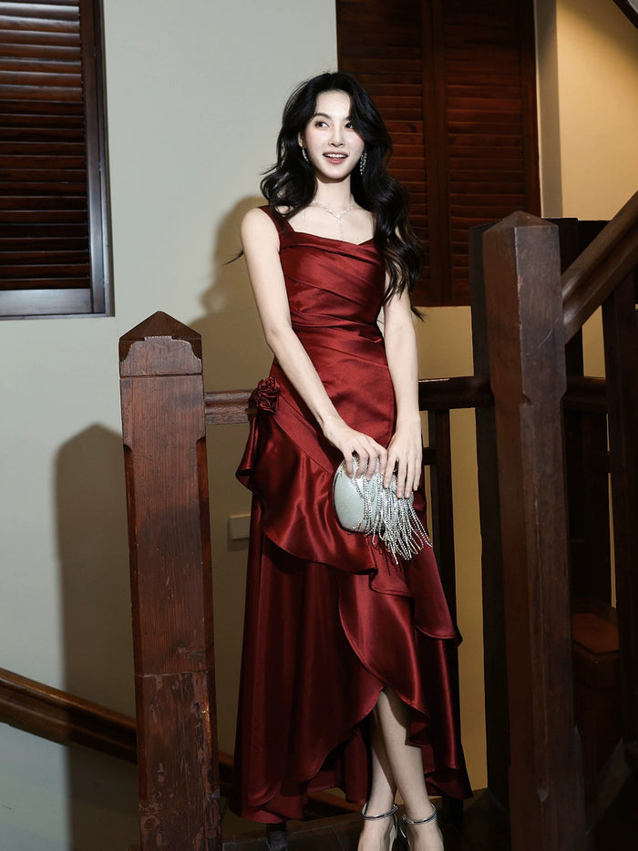 A-Line High Low Satin Burgundy Prom Dress with Flower