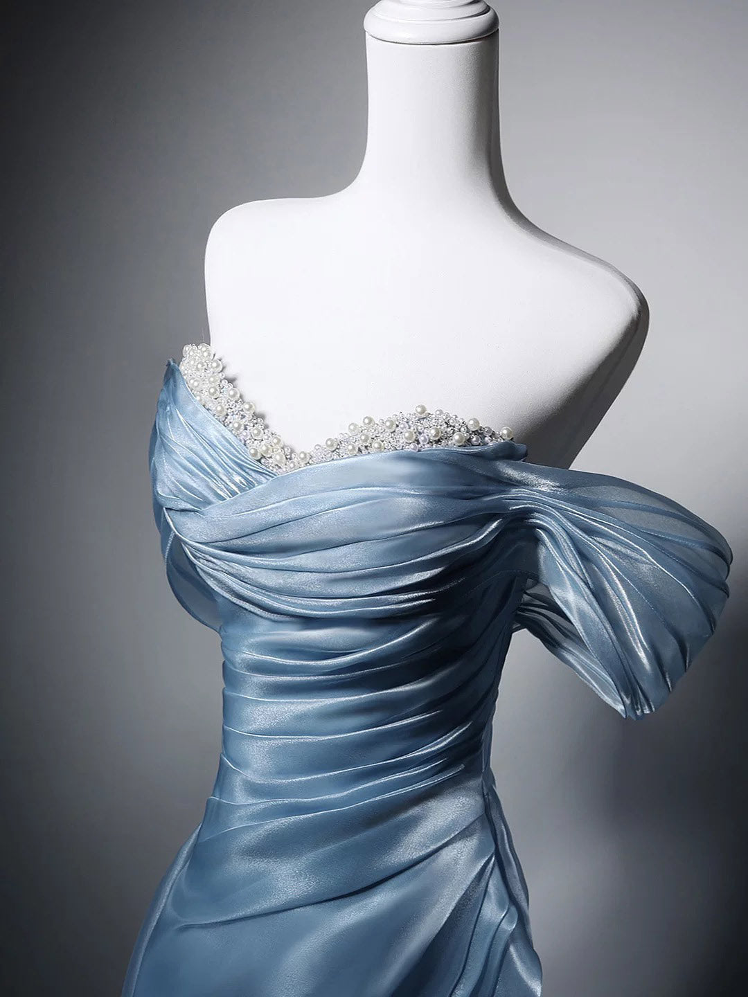 A-line Sweetheart Off Shoulder Blue Long Prom Dress with Beads