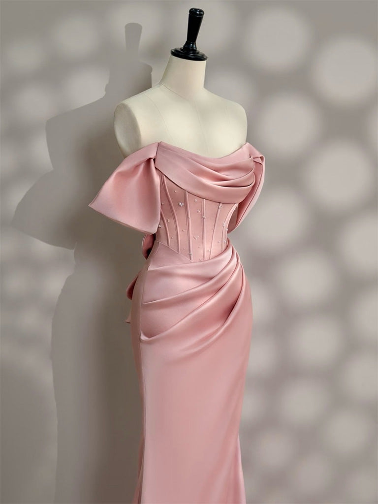Mermaid Off Shoulder Satin Floor Length Pink Long Prom Dress with Beads