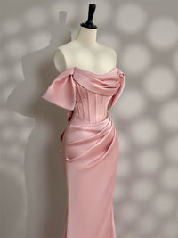 Mermaid Off Shoulder Satin Floor Length Pink Long Prom Dress with Beads