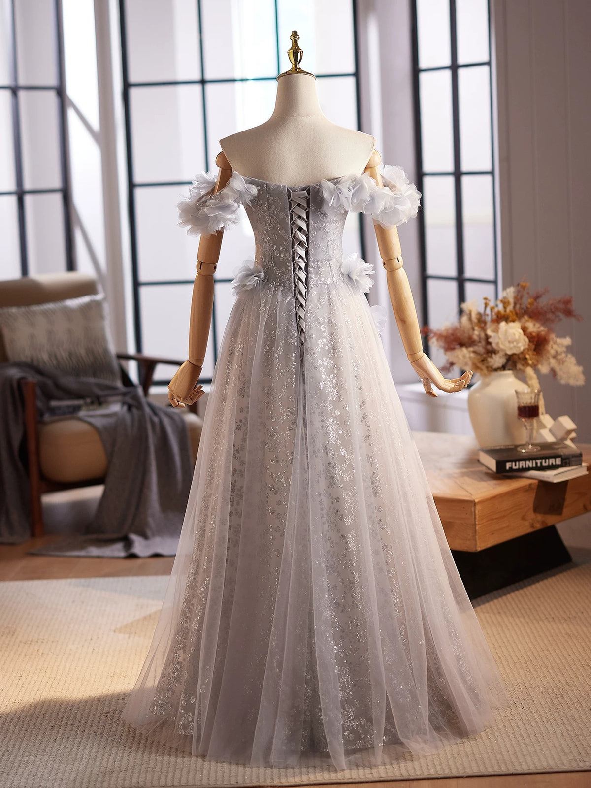 A-Line Off Shoulder Flower Tulle Gray Long Prom Dress, Gray Formal Dress