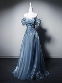 A-line Sweetheart Off Shoulder Blue Long Prom Dress with Beads