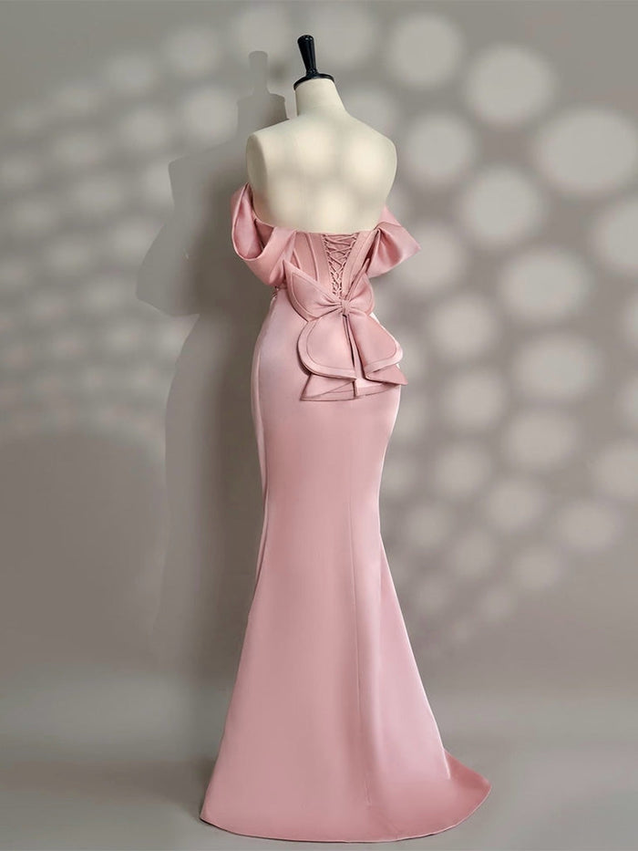 Mermaid Off Shoulder Satin Floor Length Pink Long Prom Dress with Beads