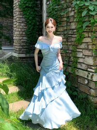 Mermaid Off Shoulder Silk Floor Length Blue Prom Dress, Blue Evening Dress