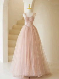 A-Line Off Shoulder Tulle Lace Pink Long Prom Dress, Pink Long Formal Dress