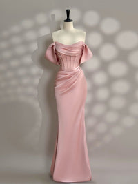 Mermaid Off Shoulder Satin Floor Length Pink Long Prom Dress with Beads