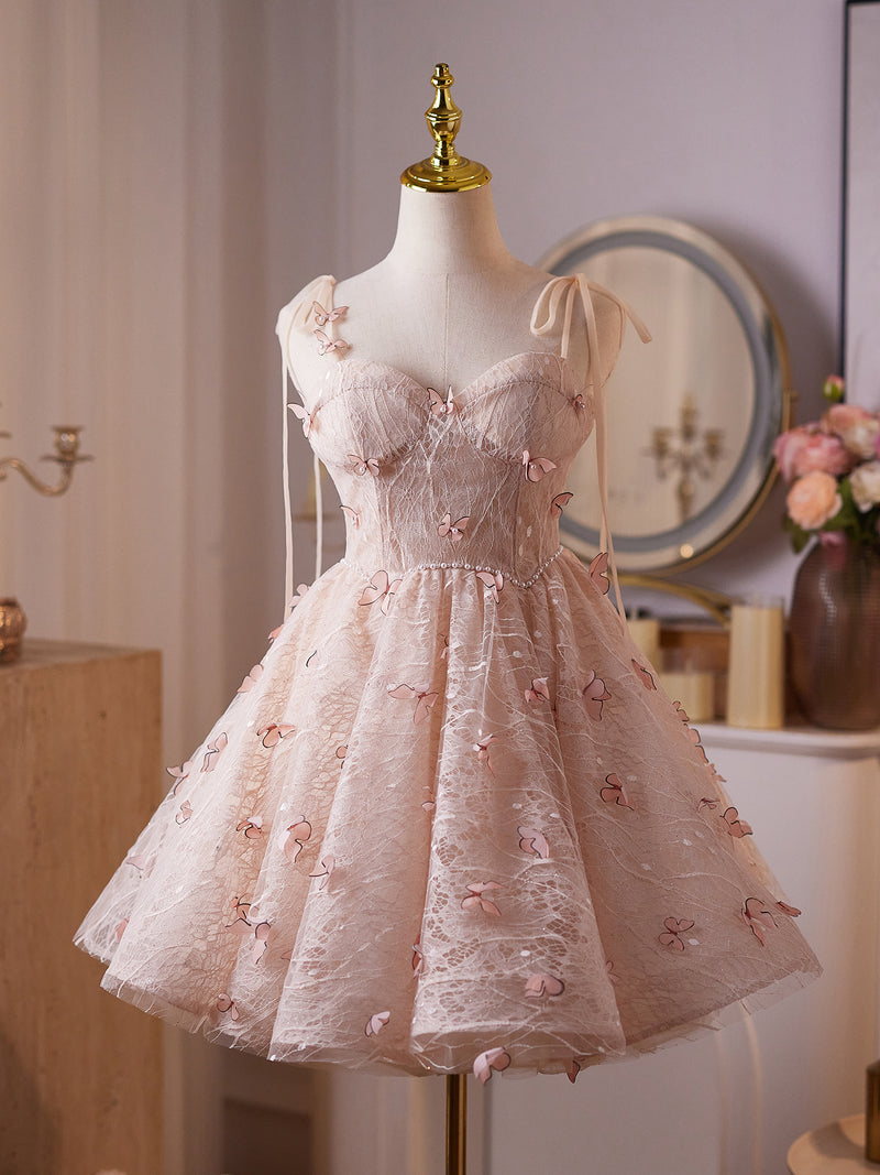 A-Line Sweetheart Neck Butterfly Pink Prom Dress, Pink Homecoming Dress