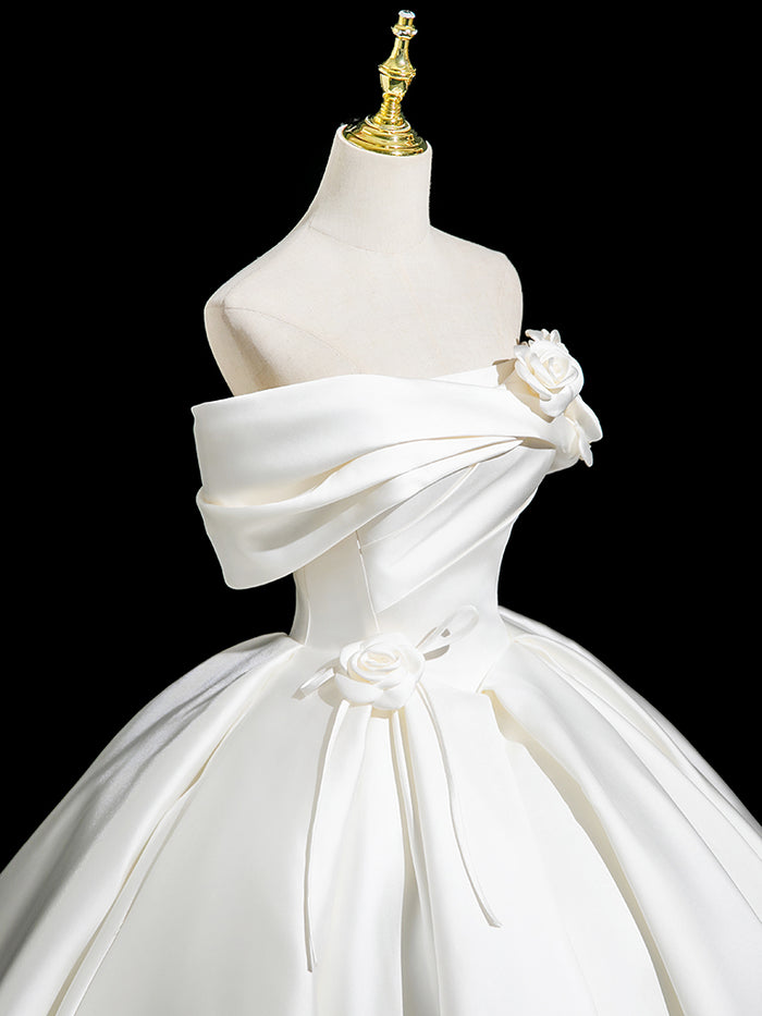 A-line Off Shoulder Satin White Long Prom Dress, White Long Formal Dress