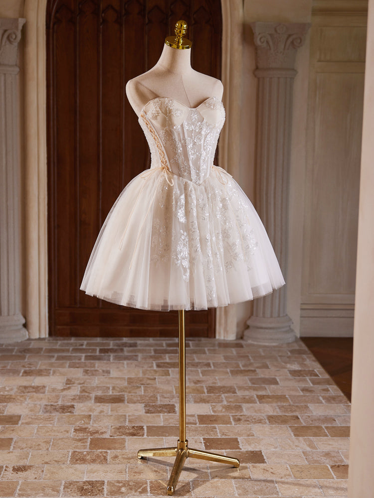 A-Line Sweetheart Neck Tulle Lace Light Champagne Short Prom Dress toptby A-Line Sweetheart Neck Tulle Lace Light Champagne Short Prom Dress toptby
