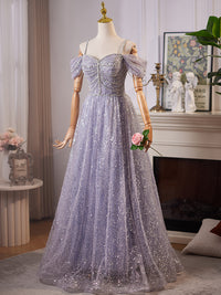 A-Line Sweetheart Neck Off Shoulder Tulle Sequin Gray Blue Long Prom Dress