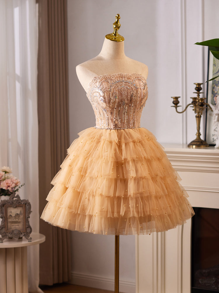 A-Line Tulle Lace Champagne Short Prom Dress, Champagne Homecoming Dress