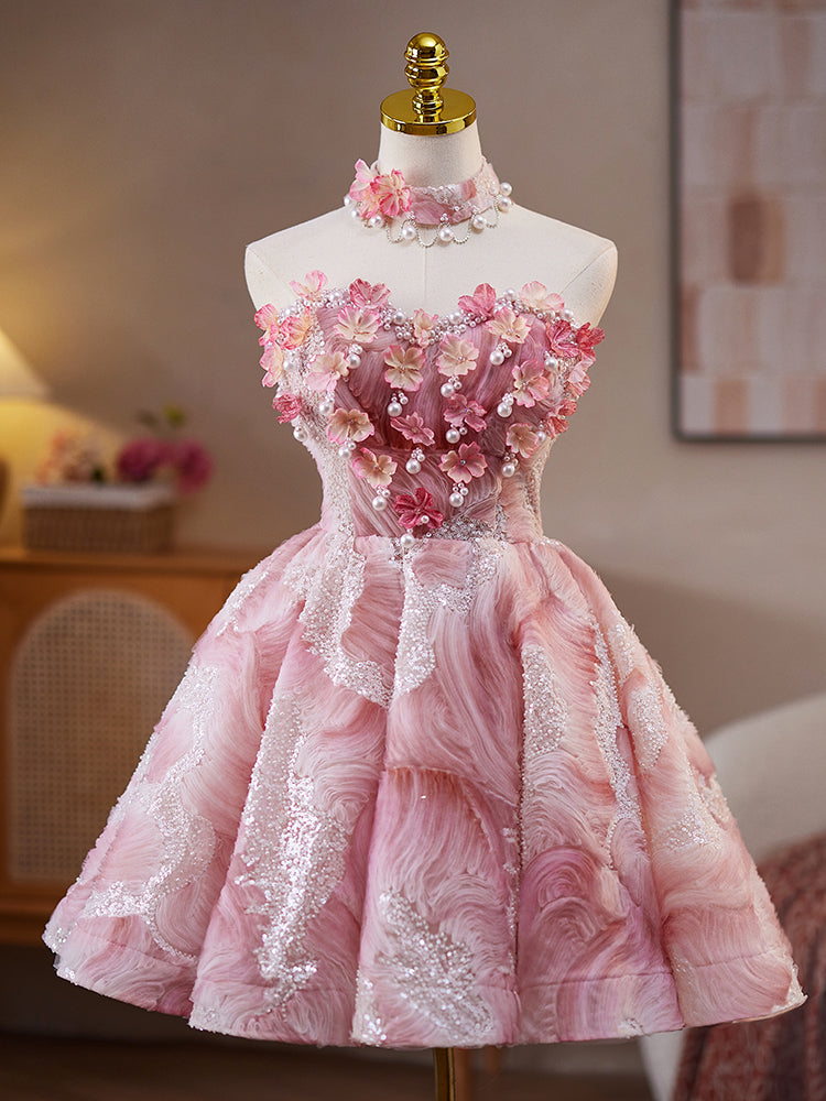 A-Line Pink Lace Flower Pink Short Prom Dress, Pink Homecoming Dress toptby A-Line Pink Lace Flower Pink Short Prom Dress, Pink Homecoming Dress toptby