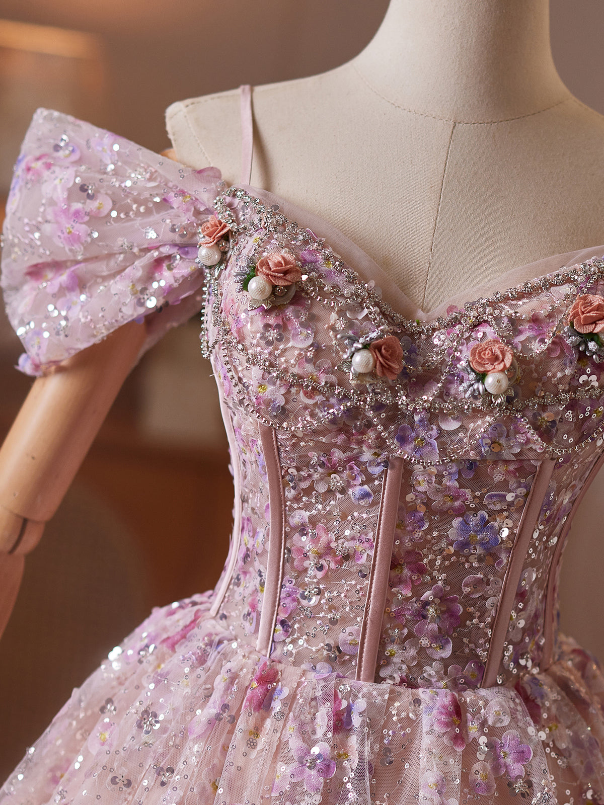 Unique Off Shoulder Tulle Sequin Pink Short Prom Dress with Beads