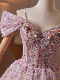 Unique Off Shoulder Tulle Sequin Pink Short Prom Dress with Beads