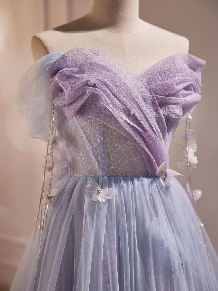 Purple A-Line Tulle Long Prom Dress, Off Shoulder Purple Graduation Dress
