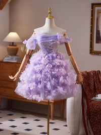 Purple Tulle 3D Flower Purple Short Prom Dress, Purple Homecoming Dress