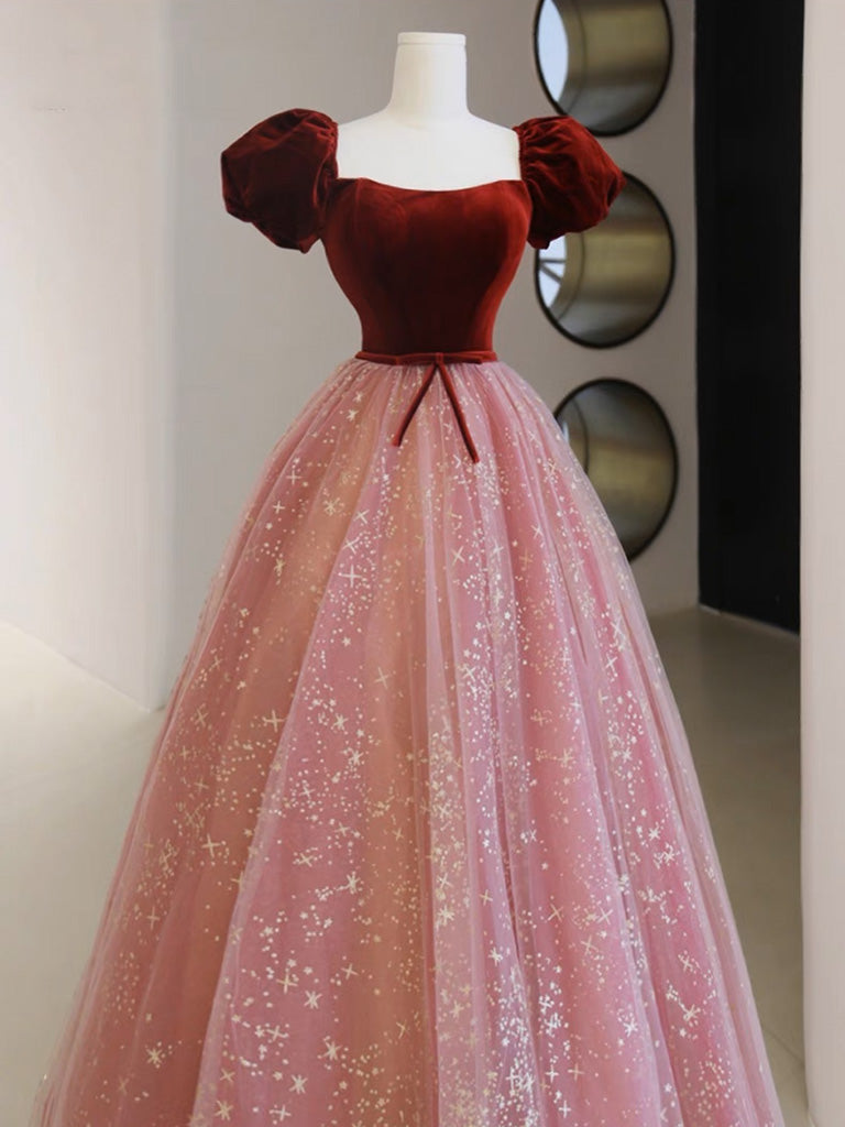 A-Line Pink Velvet Tulle Long Prom Dress, Pink Tulle Formal Evening Dress